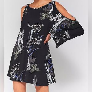 Free People Clear Skies Printed Cold Shoulder Tunic Dress Boho Black Sz M